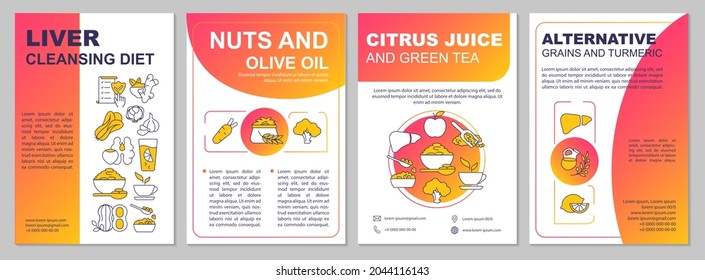 Liver cleansing diet brochure template. Olive oil, citrus juice. Flyer, booklet, leaflet print, cover design with linear icons. Vector layouts for presentation, annual reports, advertisement pages