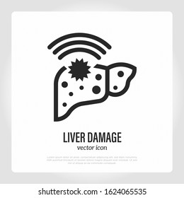 Liver damage, cirrhosis. Pain in liver. Thin line icon. Health care and medical vector illustration.