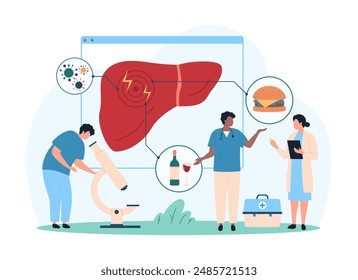 Liver damage from fast food and infections, awareness about healthy diet. Tiny people study liver cell sample through microscope, warning about hepatitis and cancer danger cartoon vector illustration