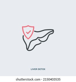 Liver Detox Outline Vector Icon. Isolated Linear Picture Of Liver And Shield