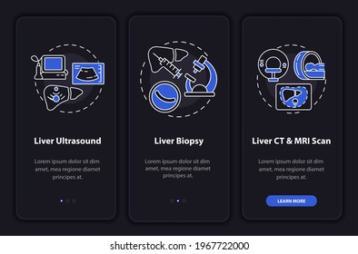 Liver diagnosis onboarding mobile app page screen with concepts. Sonogram, tissue analysis walkthrough 3 steps graphic instructions. UI, UX, GUI vector template with linear night mode illustrations