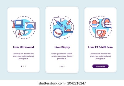 Liver diagnostics onboarding mobile app page screen with concepts. Ultrasound, biopsy walkthrough 3 steps graphic instructions. UI, UX, GUI vector template with linear color illustrations