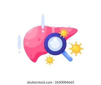 conceito de diagnóstico de doença hepática. saúde ou exame médico. vírus infectado fígado. ilustração de um órgão hepático com lupa e símbolo de vírus. design de estilo plano. dia mundial da hepatite