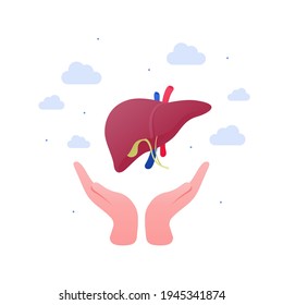 Liver disease, diagnosis and treatment concept. Vector flat illustration. Human hands holding liver organ. Design for health care.