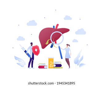 Liver disease, diagnosis and treatment concept. Vector flat people illustration. Multiethnic male and female doctor team. Syringe, magnifier, book, medication pills symbol. Design for health care.