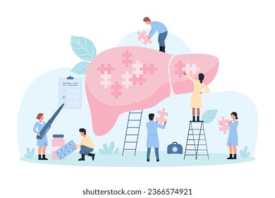 Liver disease diagnosis and treatment, hepatology vector illustration. Cartoon tiny people holding pieces of puzzle jigsaw to fit into big human organ, diagnostic examination by hepatologists