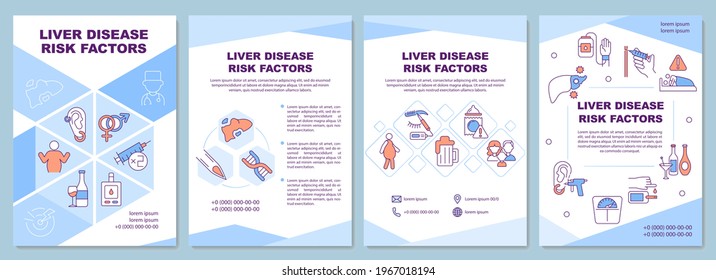 Liver disease risk factors brochure template. Obesity, alcoholism. Flyer, booklet, leaflet print, cover design with linear icons. Vector layouts for presentation, annual reports, advertisement pages