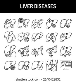 Liver diseases line icons set. Isolated vector element. Outline pictograms for web page, mobile app, promo. Editable stroke.