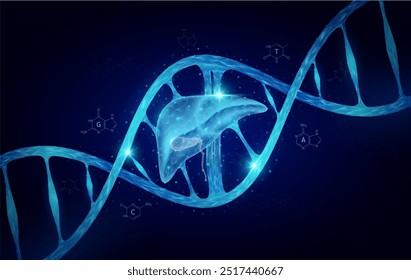 Célula de dupla hélice do gene do DNA do fígado azul. Biologia genética sintética combinada. Órgão de anatomia brilhante poligonal. Análise de código timina, adenina, guanina, citosina. Vetor de fundo da ciência médica.