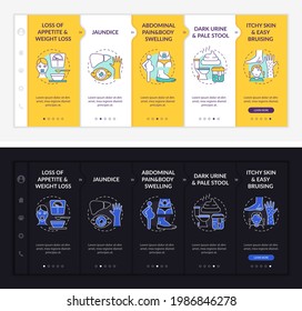 Liver dysfunction hints onboarding vector template. Responsive mobile website with icons. Web page walkthrough 5 step screens. Body swelling night and day mode concept with linear illustrations