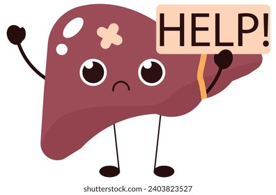 liver face, cirrhosis disease. Human liver organ anatomy vector illustration on white background.Stage Of liver Disease Concept,Unhealthy Liver,Cirrhosis Medical Education,sad,help