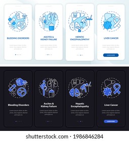 Liver failure result onboarding mobile app page screen with concepts. Ascites failure walkthrough 4 steps graphic instructions. UI, UX, GUI vector template with linear night and day mode illustrations