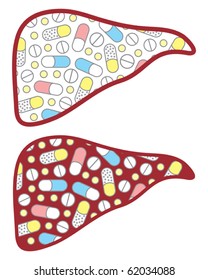 Liver, filled tablets. On the white background. Vector image.