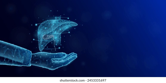Liver floats in the nurse doctor hand. Human organ low poly polygon style. On dark blue background with empty copy space for text. Medical health care concept. Vector illustration.
