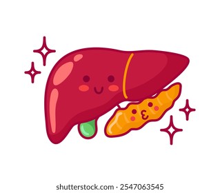 Liver, gall bladder and pancreas. Cute cartoon characters in kawaii style. Healthy organs, digestive system. Vector illustration, flat style. For sticker, books, design. Medical brochure template.