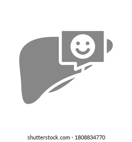 Liver with happy face in chat bubble gray icon. Accessory digestive organ symbol