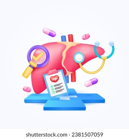 Liver health care with doctor. Document form board and stethoscope, pills with check mark in magnifying glass looking diagnosis floating on cross medical symbols. 3d cartoon icon organ vector.