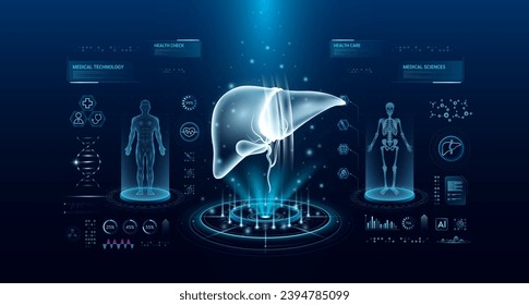 Liver health care technology with scan virtual interface hologram style. X ray and MRT human body examination. Medical diagnostic with HUD, UI, GUI. Analysis in futuristic laboratory. Vector EPS10.