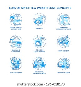 Liver health concept icons set. Symptoms, treatment idea thin line RGB color illustrations. No alcohol, smoking. Weight loss. Physical activity. Vector isolated outline drawings. Editable stroke