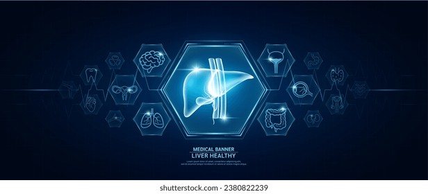 Liver healthy. Human organs icon symbols. Medical science banner design template. Health care medical check up too innovative futuristic digital technology. Examining organ and heart pulse. Vector.