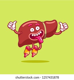 Liver is healthy, jumping for joy. Logo comic style with contour. Decoration for greeting cards, posters, patches, prints for clothes, emblems. Modern flat style thin line vector illustration isolated