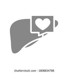 Hígado con corazón en el icono gris de burbuja de chat. Símbolo de órgano digestivo accesorio