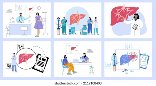 Liver in the human body. Digestive system diseases concept. Examination of internal organ in clinic. Fibrosis, cirrhosis, fatty liver or cancer. Medical poster flat vector illustration.