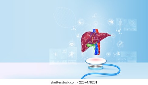 Los humanos hepáticos flotan lejos del estetoscopio. Iconos médicos Imagen de holograma virtual en la computadora de pantalla. El médico diagnostica el registro de datos digitales. Innovación en tecnología médica electrónica. 3 quinquies vectores.