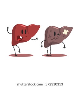 Liver Human Internal Organ Healthy Vs Unhealthy, Medical Anatomic Funny Cartoon Character Pair In Comparison Happy Against Sick And Damaged