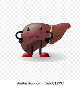 Liver. Human internal organ sad character with face realistic isolated against transparent background. Design element for Health care,medicine,anatomy education