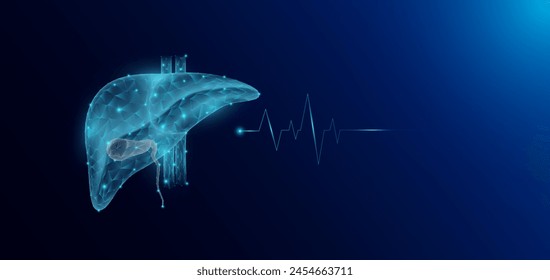 Anatomía del órgano humano del hígado en forma de polígono bajo poli futurista y onda de pulso brillante. Anuncio de Plantilla de ciencias médicas con espacio vacío para texto. Ilustración del EPS10 del Vector.