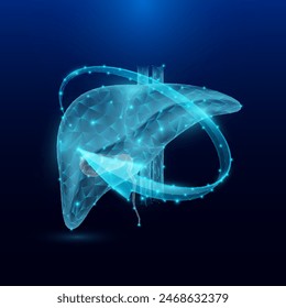 Liver human organ anatomy in form style polygon low poly surrounded by arrows glowing on dark blue background. Used for design medical science advertisements. Vector EPS10 illustration.