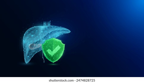 Anatomía del órgano humano del hígado en estilo poligonal con marca de verificación en el escudo verde que brilla sobre fondo azul oscuro. Símbolo de protección de la ciencia médica. Anuncio espacio en blanco para texto. Vector EPS10.