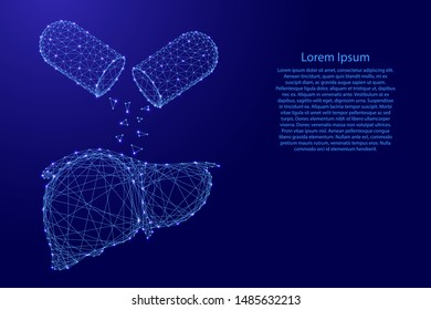 Liver is a human organ and substance from pill capsule from futuristic polygonal blue lines and glowing stars for banner, poster. Vector illustration. Medical recovery treatment concept.