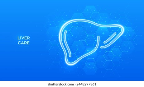 Liver icon. Human liver care and protection. Cirrhosis and hepatitis treatment, donation, diagnostics medical banner. Molecular structure. Blue medical background with hexagons. Vector illustration.