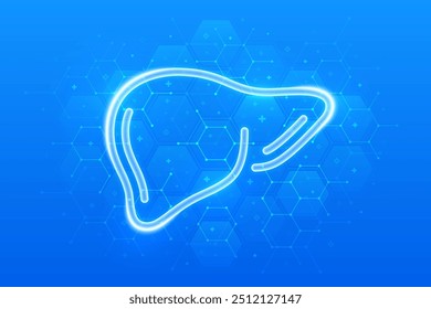 Liver icon. Human liver care and protection. Cirrhosis and hepatitis treatment, donation, diagnostics medical banner. Molecular structure. Blue medical background with hexagons. Vector illustration.