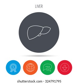 Liver icon. Transplantation organ sign. Medical hepathology symbol. Globe, download and speech bubble buttons. Winner award symbol. Vector