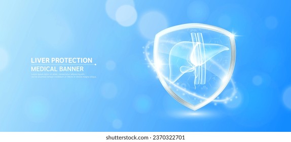 Liver inside glass shield glowing with medical icon sign symbol on blue bokeh lights background. Medical health care innovation immunity protection. Human anatomy organ translucent. Banner vector.