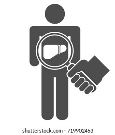 Liver inspection icon concept. Hand holding magnifying glass over a stick man or figure