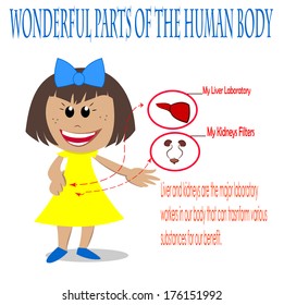 liver and kidneys explained or exposed by a smiling yellow revetment girl and blue bow on her head.