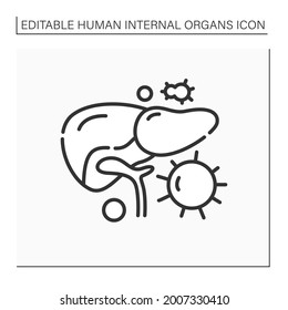 Liver line icon. Inflammatory process in the liver. Bacteria and microbes. Illness. Medical treatment. Human internal organs concept.Isolated vector illustration.Editable stroke