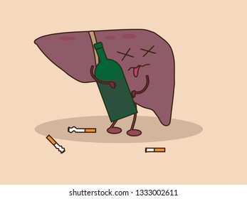 Liver man with a bottle of alcohol. Vector illustration.