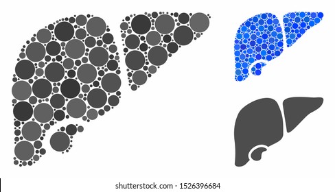 Liver mosaic for liver icon of small circles in different sizes and shades. Vector small circles are organized into blue mosaic. Dotted liver icon in usual and blue versions.
