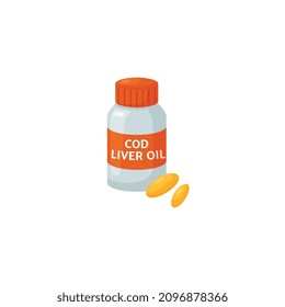 Leberölkapseln Flasche, flache Vektorgrafik einzeln auf weißem Hintergrund. Packete Fische oder Leberölkapseln sind eine Quelle für Omega-3-Fette Nährstoffe.