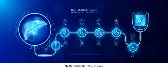Liver organ human and AI chip medical in stethoscope with icon cross, syringe, hospital, doctor. Technology digital health care check up modern. Dark blue background banner vector.
