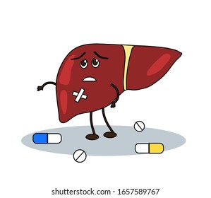 Liver pills on a white background. Cartoon. Vector illustration.