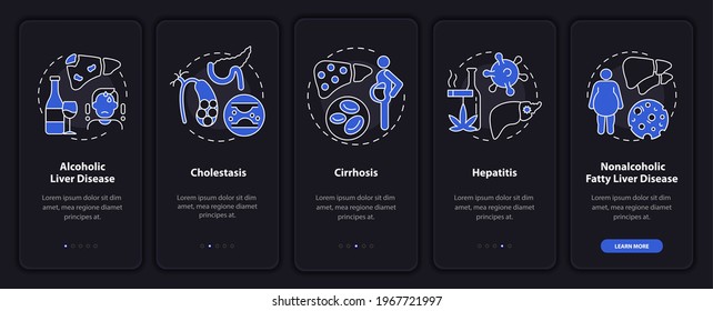 Liver problems types onboarding mobile app page screen with concepts. Alcoholic liver illness walkthrough 5 steps graphic instructions. UI, UX, GUI vector template with linear night mode illustrations