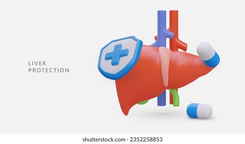 Schutz der Leber. 3D Leber mit Adern, medizinischer Schild mit blauem Kreuz, Kapseln. Hämatopoetisches inneres menschliches Organ. Besserung nach Hepatitis. Vektorwerbung für Hepatoprotektionen