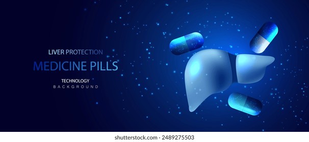 Liver protection pills technology banner. Therapy capsules in blue background. Healthcare medical and pharmacy concept of drug. Futuristic innovation care of liver organ vector illustration.