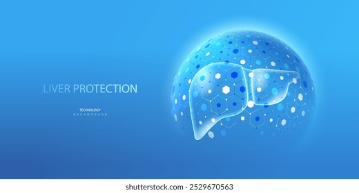 Banner-Hintergrund für Leberschutztechnologie. Gesundheitsmedizinische Versorgung der Leber. Futuristische Innovation Kuppel Schild Barriere Krankheit Organ Vektorgrafik.